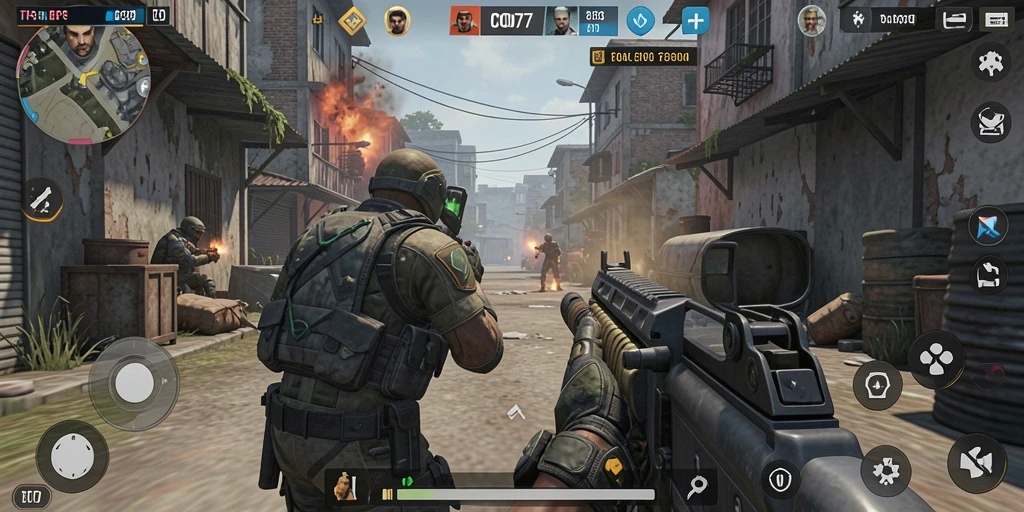 Tampilan gameplay menegangkan dalam C0077 dengan aksi tembak-menembak.