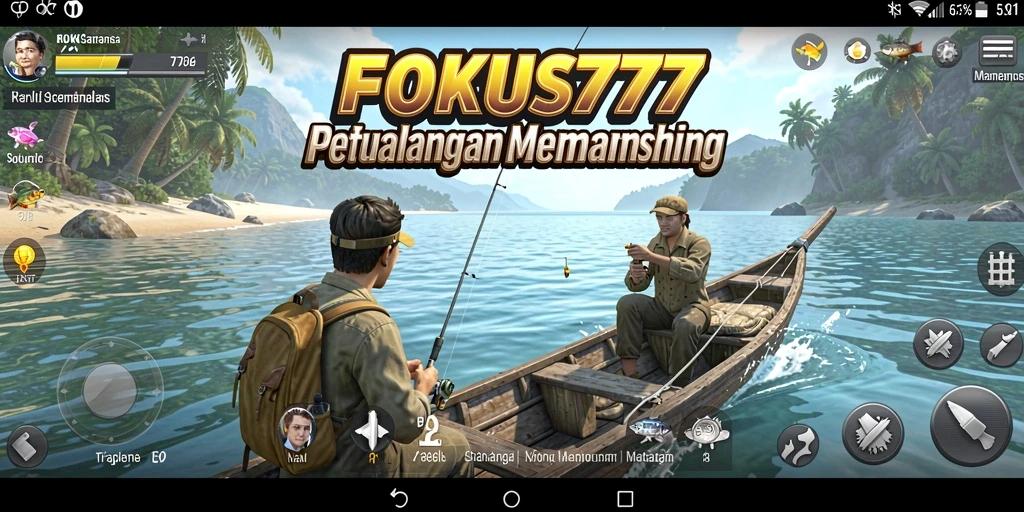 Screenshot menunjukkan gameplay seru dalam FOKUS777 saat memancing di lokasi indah.
