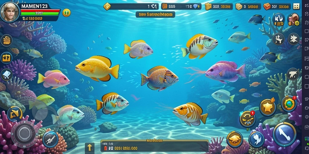 Tampilan gameplay seru dalam MAMEN123, saat menangkap ikan di lautan.