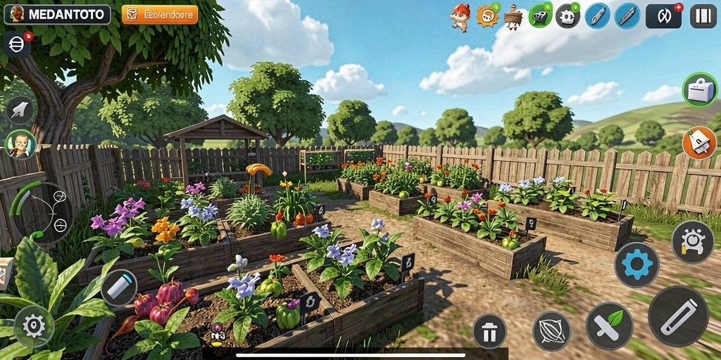 Tampilan gameplay MEDANTOTO dengan aktivitas berkebun yang seru.