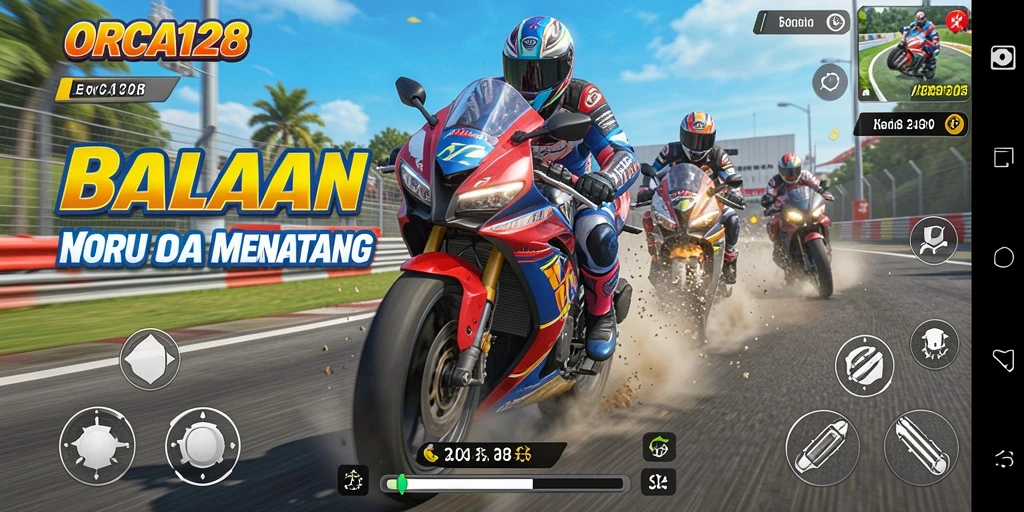 Screenshot ORCA128 menampilkan aksi balapan motor yang mendebarkan.