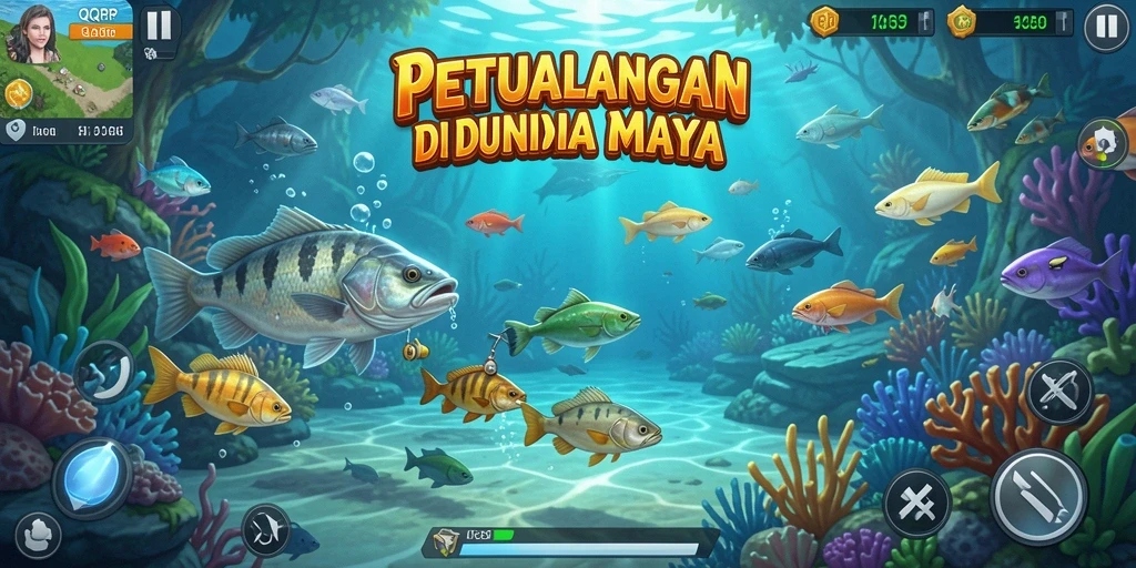 Screenshot utama gameplay QQRP menampilkan aktivitas memancing yang mendebarkan.