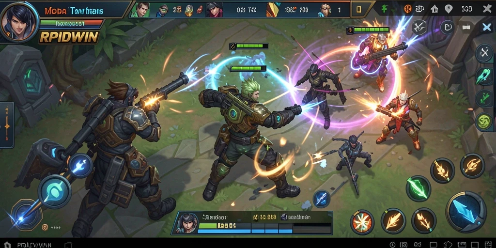 Screenshot gameplay RPIDWIN menampilkan pertempuran yang intens dan karakter yang dinamis.