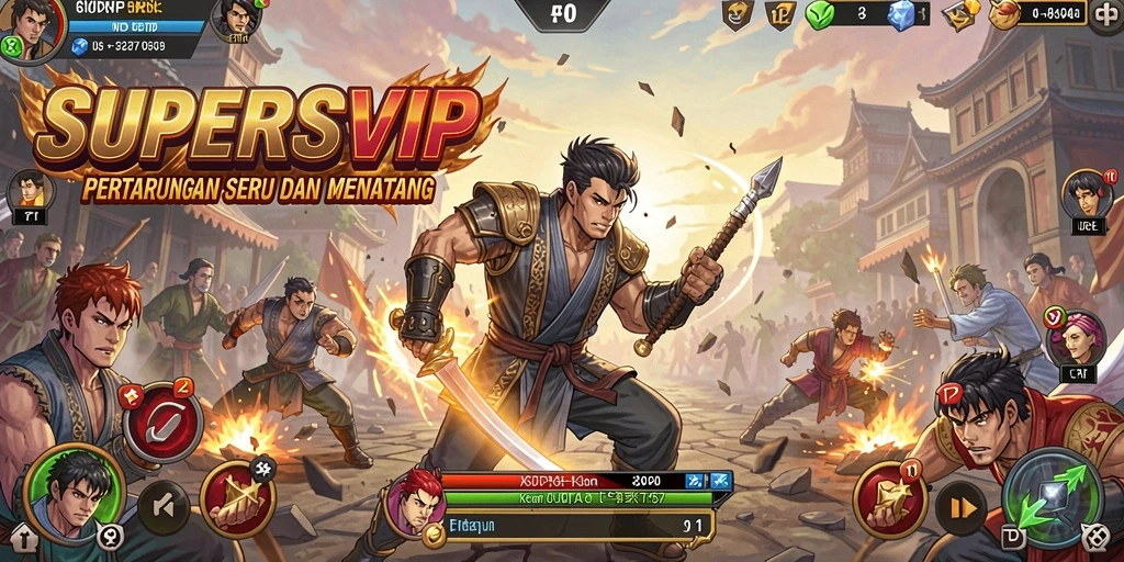 Tangkapan layar dari gameplay SUPERSVIP saat karakter bertarung di arena.
