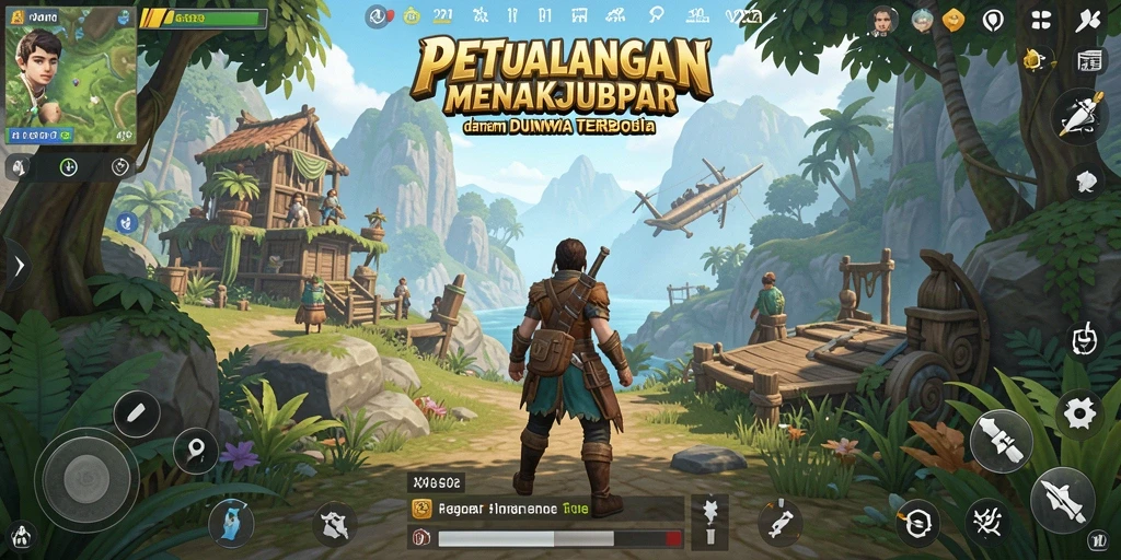Screenshot menunjukkan pemain menjelajahi dunia terbuka yang indah.